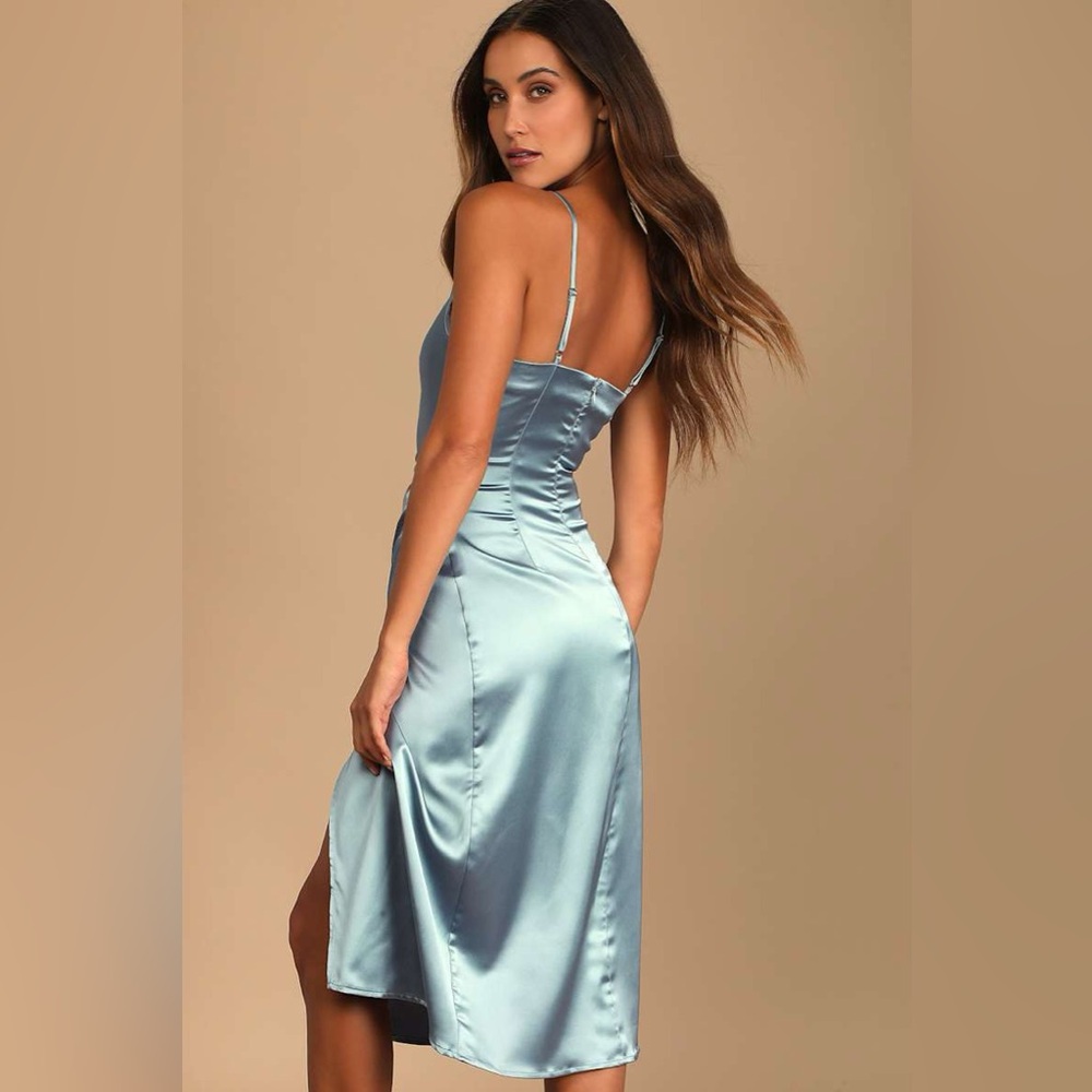 NWT Lulus Hollywood Woman Dusty Blue Satin Midi Dress MD - Picture 2 of 9